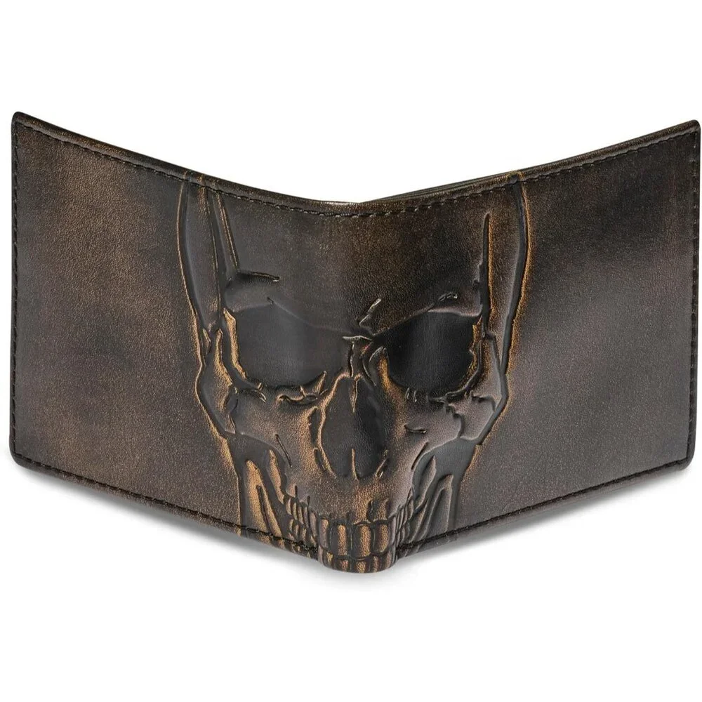 Men's Black With Two Id Windows Full Grain Cowhide Leather Wallet Bi Fold Skull